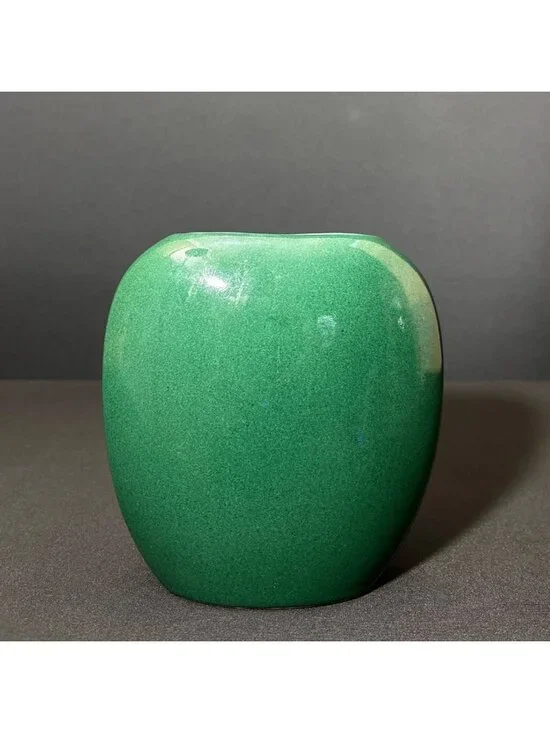 Vintage Green Ceramic Vase Glossy Finish Asymmetrical Oval Shape Modern Design - Picture 2 of 12